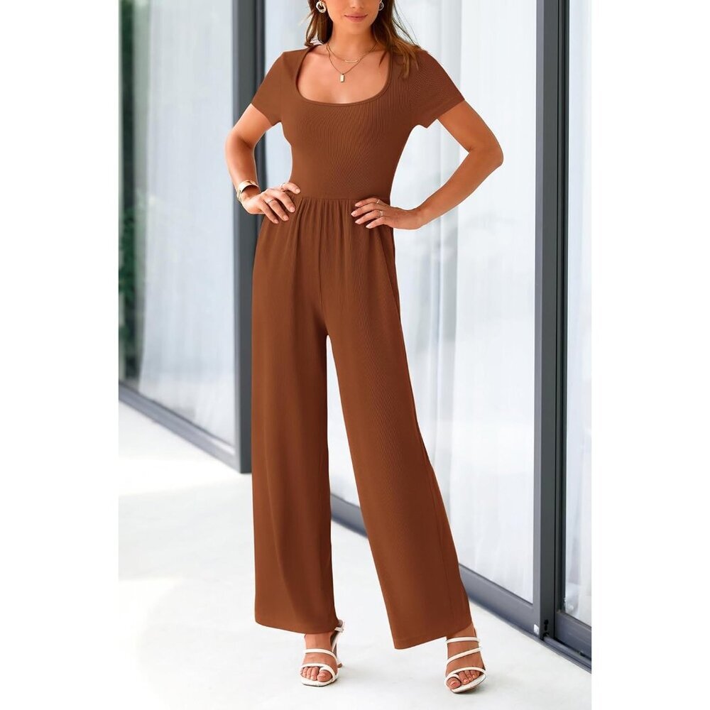 Women's Brown Summer Short Sleeve Square Neck Wide Leg Rompers Jumpsuits - Picture 8 of 8